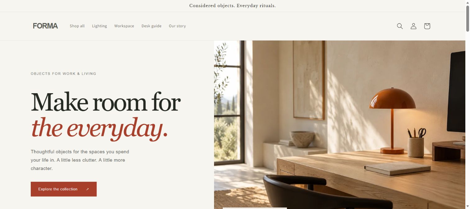 Главная FORMA: предложение Make room for the everyday и рабочее место с оранжевой лампой